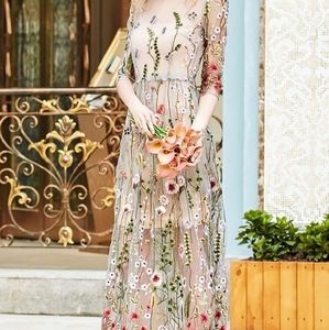 Sheer Floral Maxi Dress, 3/4 Sleeve